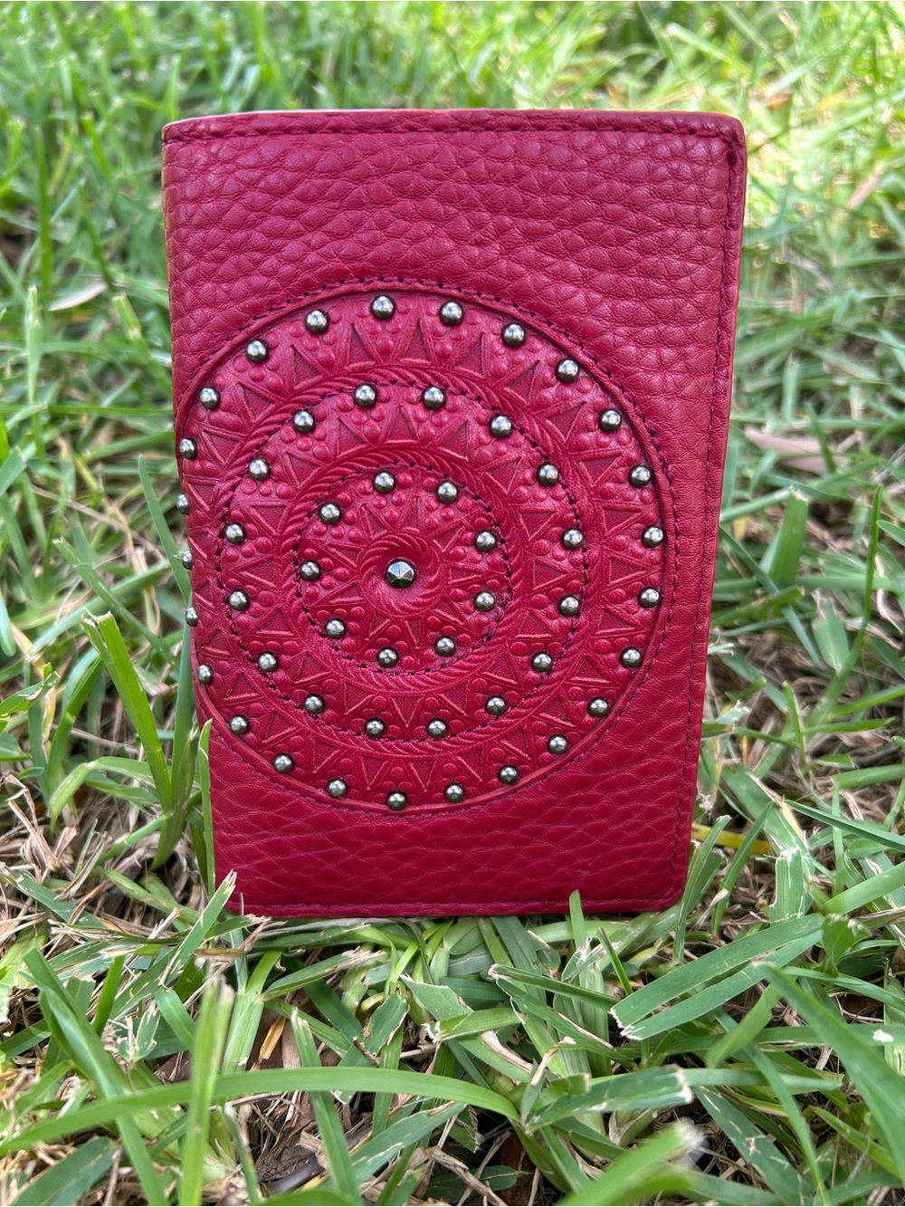 Brighton Red Embossed Leather Folio Wallet Card with Stud Detail